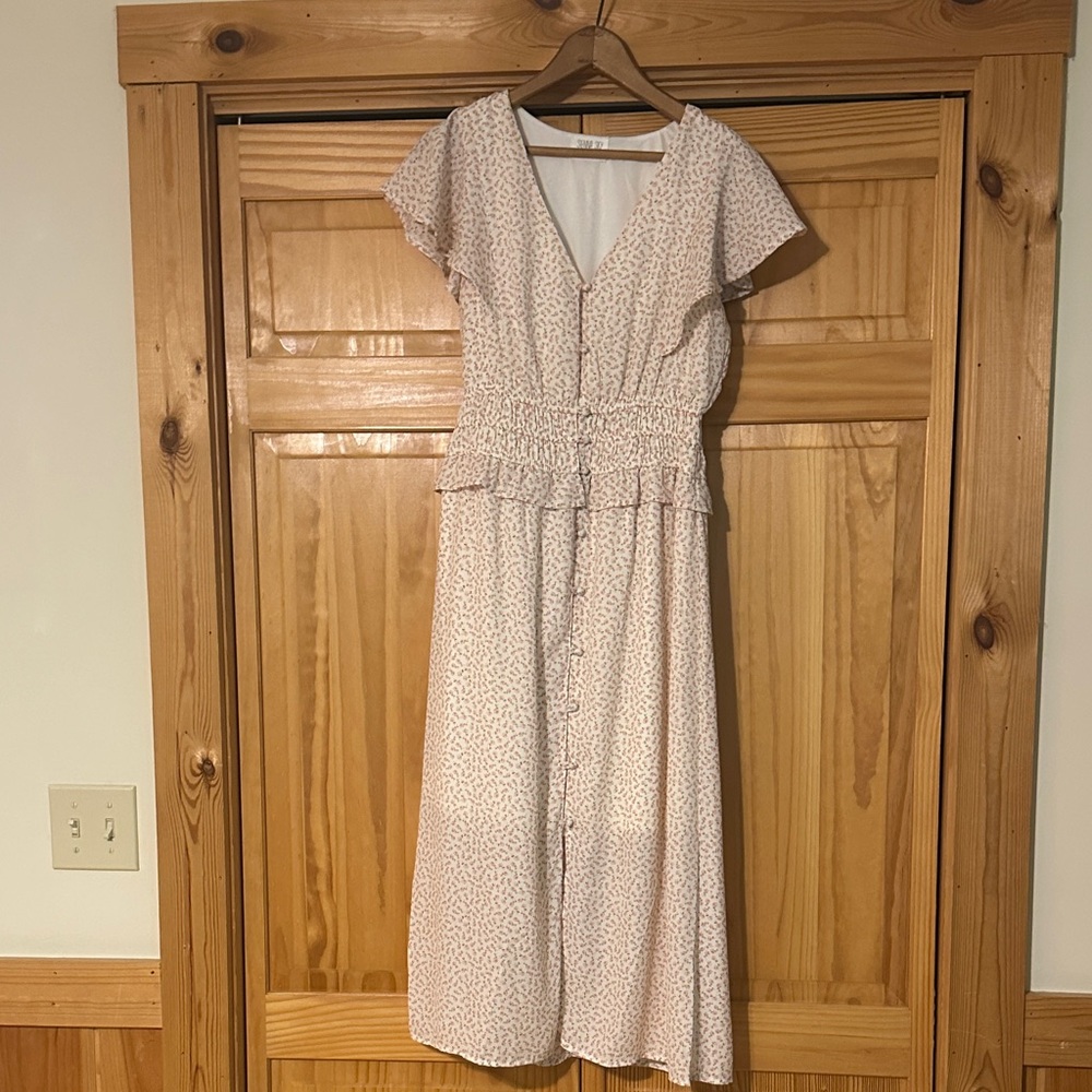 Light Pink Floral Midi Dress with Smocked Waist